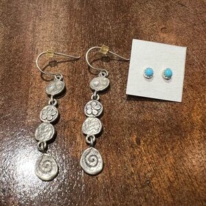 Silpada Sterling Silver flower/swirl drop earrings and micro turquoise studs